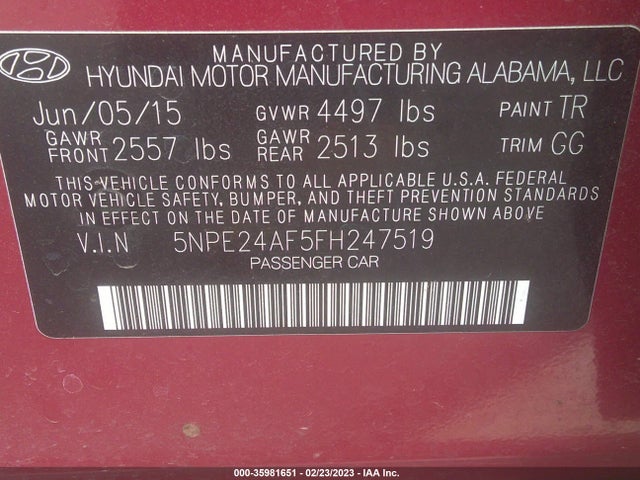 2015 HYUNDAI SONATA 2.4L SE VIN: 5NPE24AF5FH247519