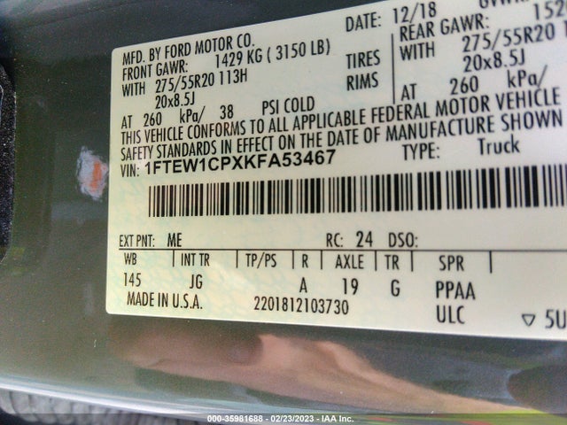2019 FORD F-150 XL/XLT/LARIAT VIN: 1FTEW1CPXKFA53467