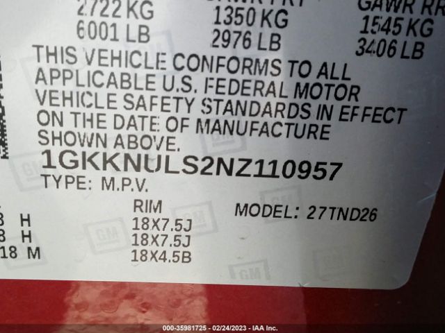 1GKKNULS2NZ110957 GMC ACADIA SLT