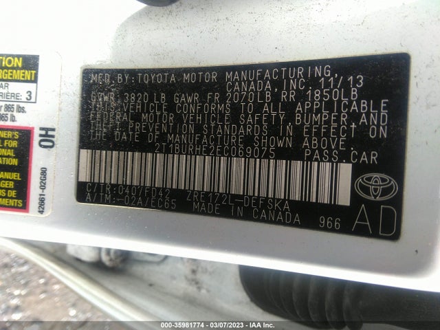 2014 TOYOTA COROLLA L/LE/S/S PLUS/LE PLUS VIN: 2T1BURHE2EC069075