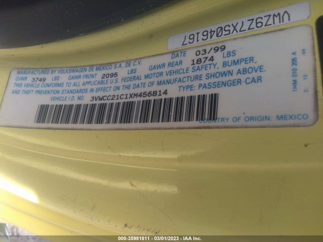 Volkswagen New Beetle Gls 1999 3VWCC21C1XM456814 Image 10