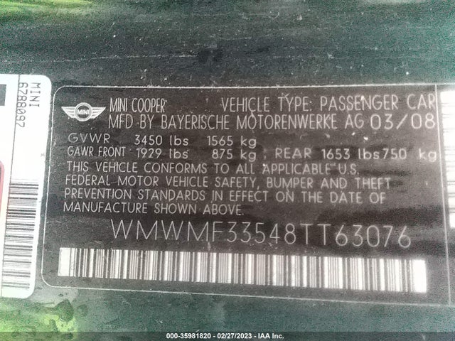 WMWMF33548TT63076 Mini COOPER HARDTOP