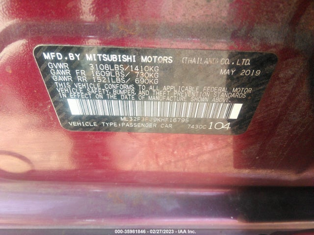 ML32F3FJ9KHF16795 Mitsubishi Mirage G4 Es/rf
