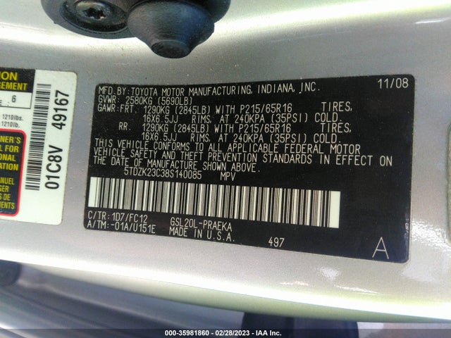 2009 TOYOTA SIENNA CE/LE VIN: 5TDZK23C79S265995