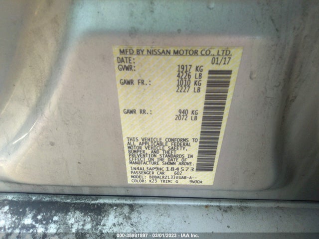 2017 NISSAN ALTIMA 2.5 SL VIN: 1N4AL3AP9HC184573