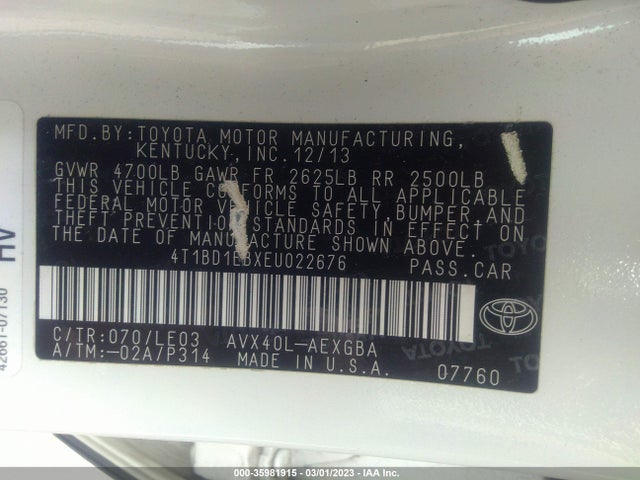 2014 TOYOTA AVALON HYBRID LIMITED/XLE TOURING VIN: 4T1BD1EBXEU022676