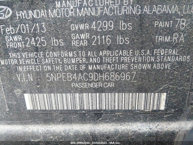 2013 HYUNDAI SONATA GLS VIN: 5NPEB4AC9DH686967