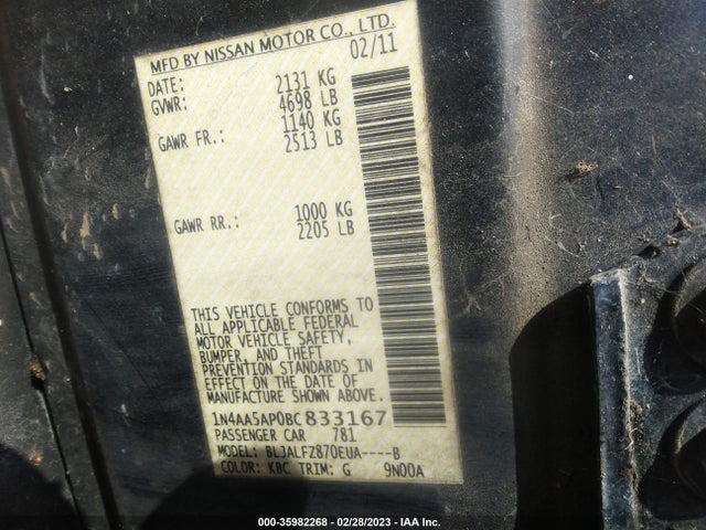 2011 NISSAN MAXIMA 3.5 SV VIN: 1N4AA5AP0BC833167