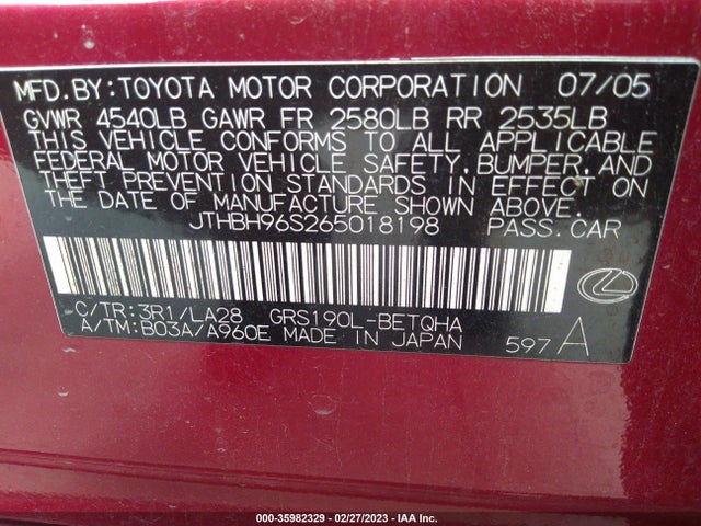 Lexus GS 300 2006 JTHBH96S265018198 Image 10
