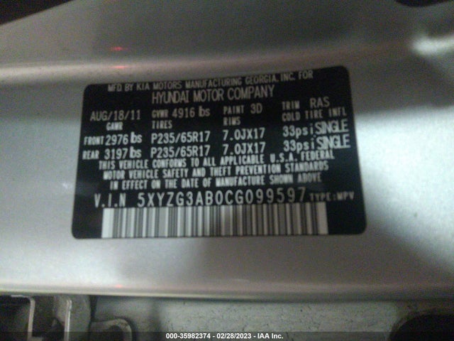 2012 HYUNDAI SANTA FE GLS VIN: 5XYZG3AB0CG099597