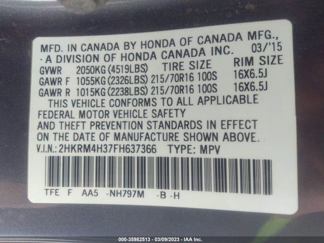 2015 HONDA CR-V LX VIN: 2HKRM4H37FH637366