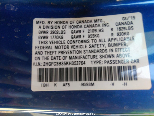 2019 HONDA CIVIC COUPE EX VIN: 2HGFC3B35KH353764