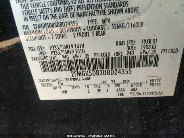 2013 FORD FLEX LIMITED VIN: 2FMGK5D83DBD24355