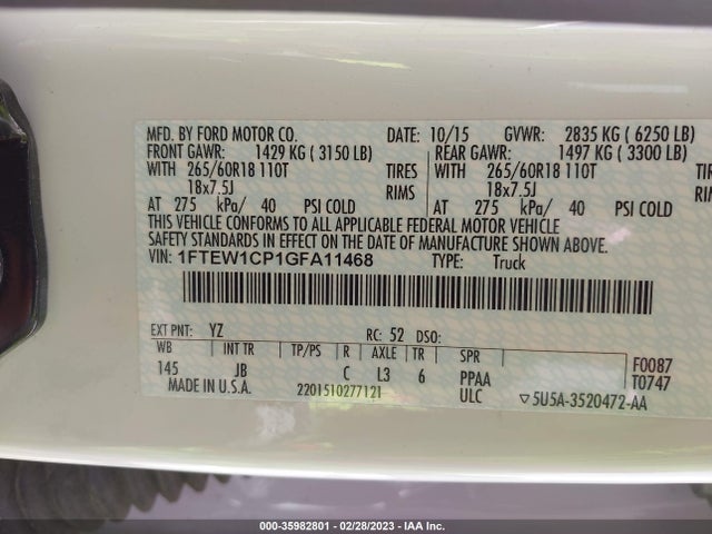 2016 FORD F-150 XL/LARIAT/XLT VIN: 1FTEW1CP1GFA11468