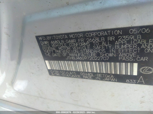 2007 LEXUS ES 350 VIN: JTHBJ46G972022707