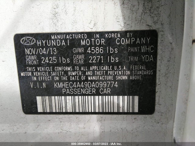2013 HYUNDAI SONATA HYBRID LIMITED VIN: KMHEC4A49DA099774