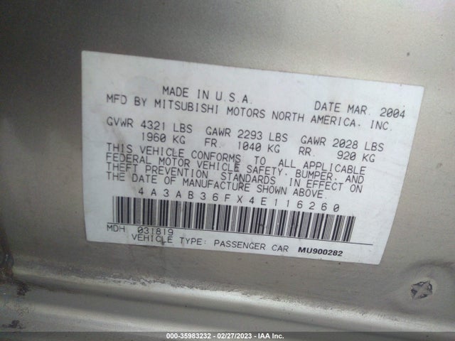 4A3AB36FX4E116260 Mitsubishi GALANT ES