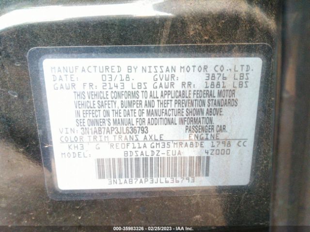 3N1AB7AP3JL636793 Nissan SENTRA SV