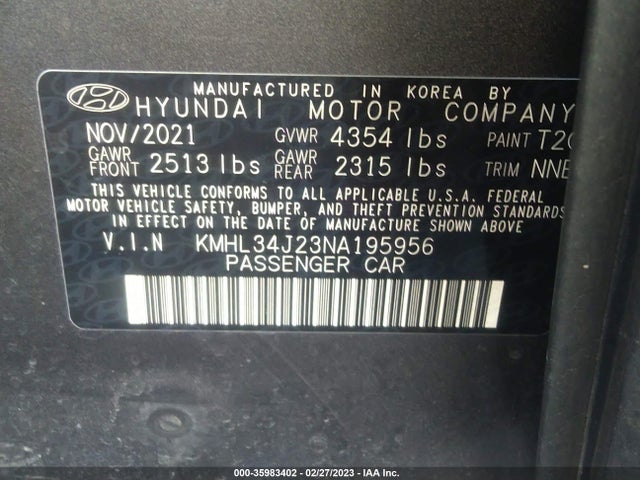 2022 HYUNDAI SONATA LIMITED VIN: KMHL34J23NA195956