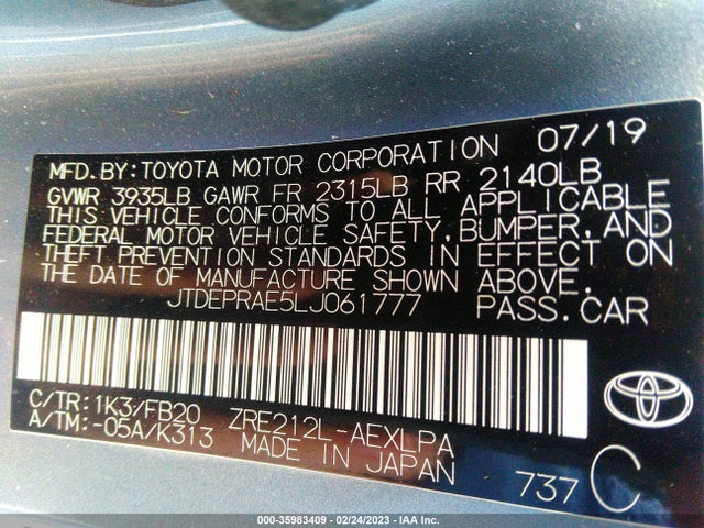 2020 TOYOTA COROLLA LE VIN: JTDEPRAE5LJ061777
