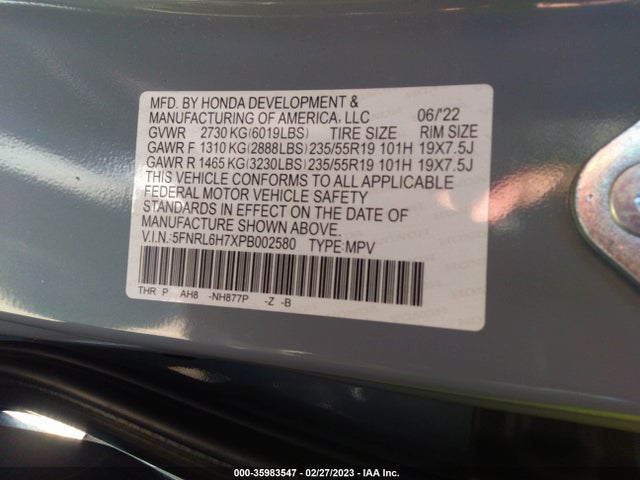 2023 HONDA ODYSSEY SPORT VIN: 5FNRL6H7XPB002580