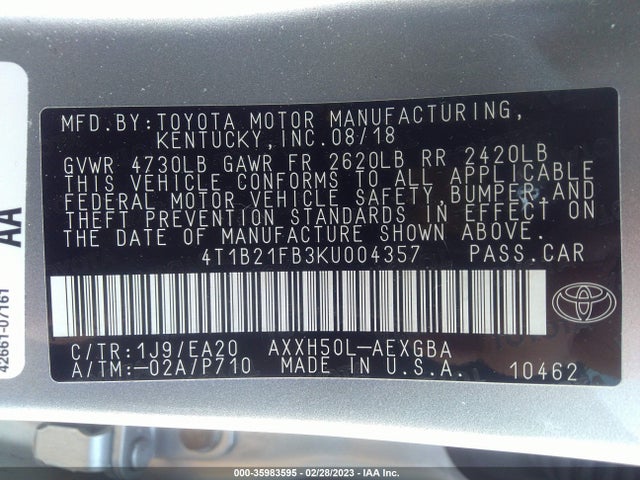 2019 Toyota Avalon, VIN: 4T1B21FB3KU004357