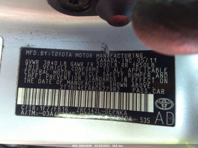 2011 TOYOTA COROLLA L/LE/S VIN: 2T1BU4EE6BC627982