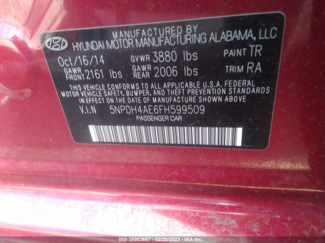 Hyundai Elantra 2015 5NPDH4AE6FH599509 Image 22