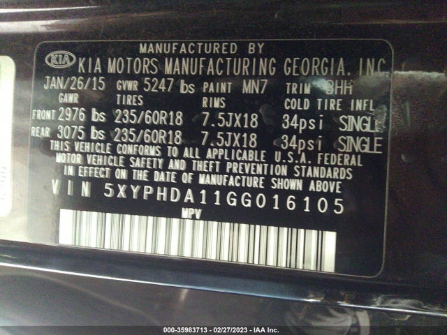 2016 Kia Sorento, VIN: 5XYPHDA11GG016105