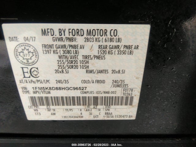2017 FORD EXPLORER XLT VIN: 1FM5K8D88HGC96527