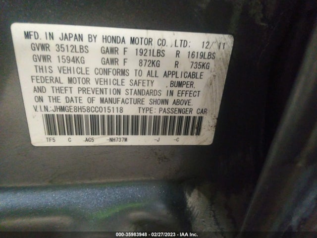 2012 HONDA FIT SPORT VIN: JHMGE8H58CC015118