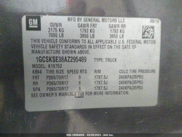 2010 CHEVROLET SILVERADO 1500 LT VIN: 1GCSKSE38AZ295489