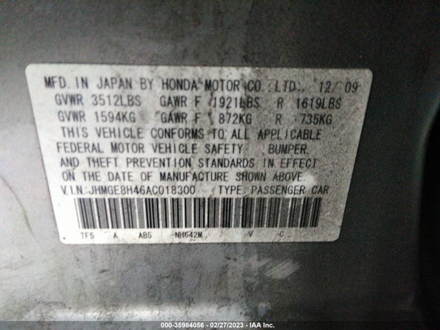 2010 HONDA FIT SPORT VIN: JHMGE8H46AC018300