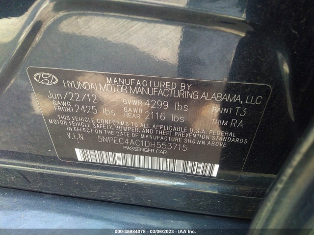 2013 HYUNDAI SONATA LIMITED VIN: 5NPEC4AC1DH553715