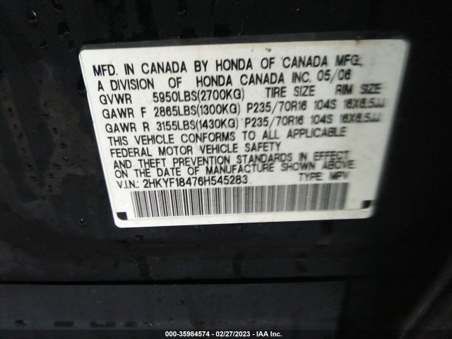 Honda Pilot Ex 2006 2HKYF18476H545283 Image 10