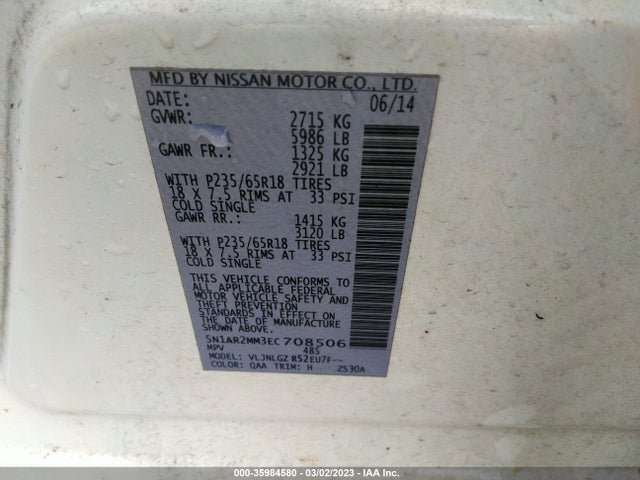 2014 NISSAN PATHFINDER SL VIN: 5N1AR2MM3EC708506