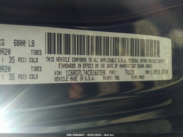 2012 RAM 1500 BIG HORN VIN: 1C6RD7LT4CS162398