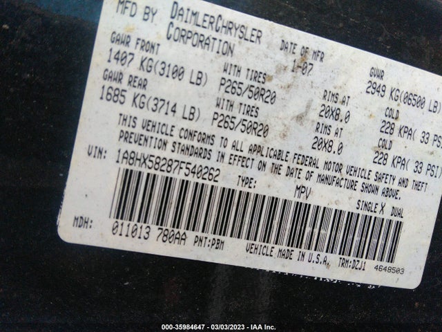 1A8HX58287F540262 Chrysler Aspen Limited