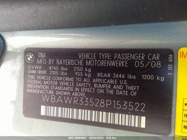 2008 BMW 3 SERIES 328I VIN: WBAWR33528P153522