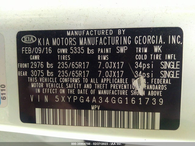 2016 Kia Sorento, VIN: 5XYPG4A34GG161739