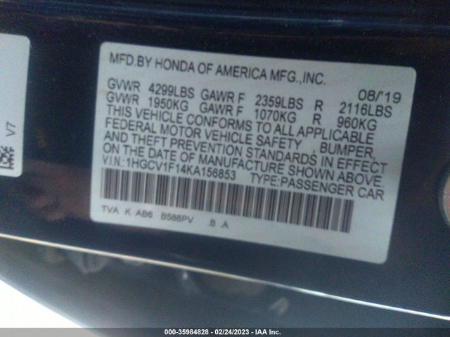 2019 HONDA ACCORD SEDAN LX 1.5T VIN: 1HGCV1F14KA156853