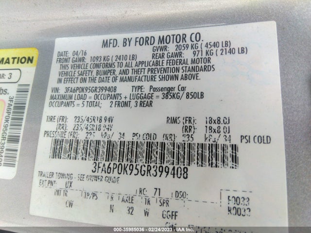 2016 Ford Fusion, VIN: 3FA6P0K95GR399408