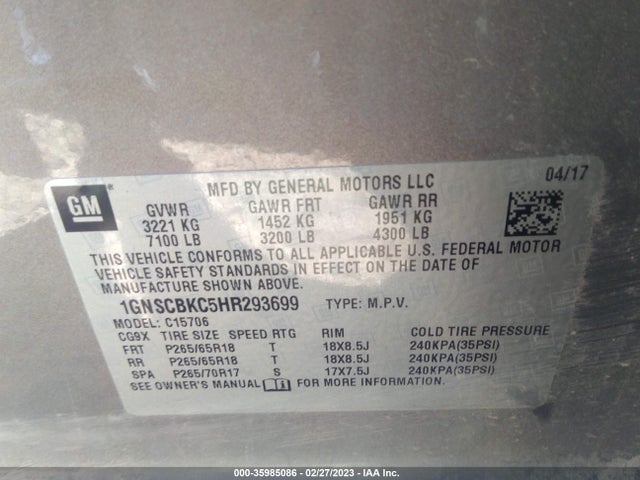 Chevrolet Tahoe Lt 2017 1GNSCBKC5HR293699 Image 9