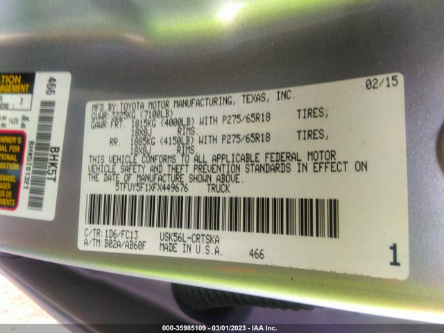 2015 Toyota Tundra, VIN: 5TFUY5F1XFX449676