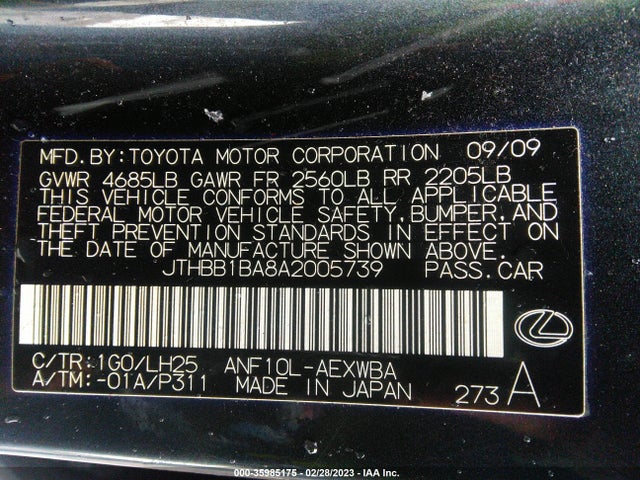 JTHBB1BA8A2005739 Lexus HS 250H