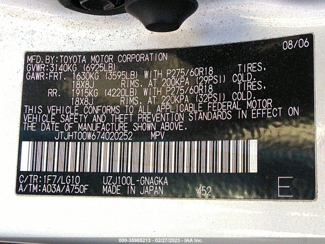 2007 LEXUS LX 470 VIN: JTJHT00W674020252
