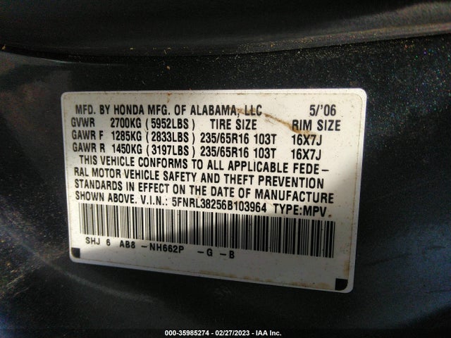 2006 HONDA ODYSSEY LX VIN: 5FNRL38256B103964