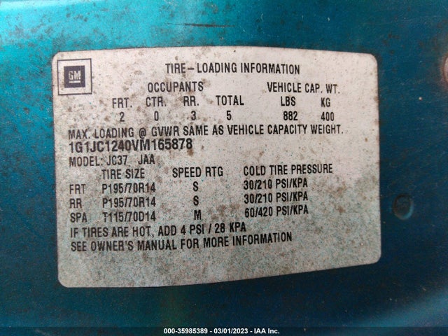 1997 CHEVROLET CAVALIER VIN: 1G1JC1240VM165878