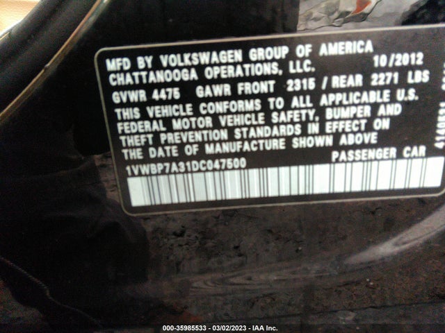 1VWBP7A31DC047500 Volkswagen Passat Se W/sunroof