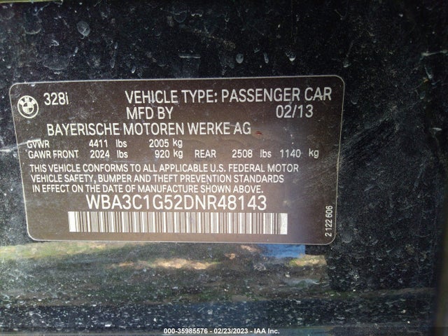 2013 BMW 3 SERIES 328I VIN: WBA3C1G52DNR48143
